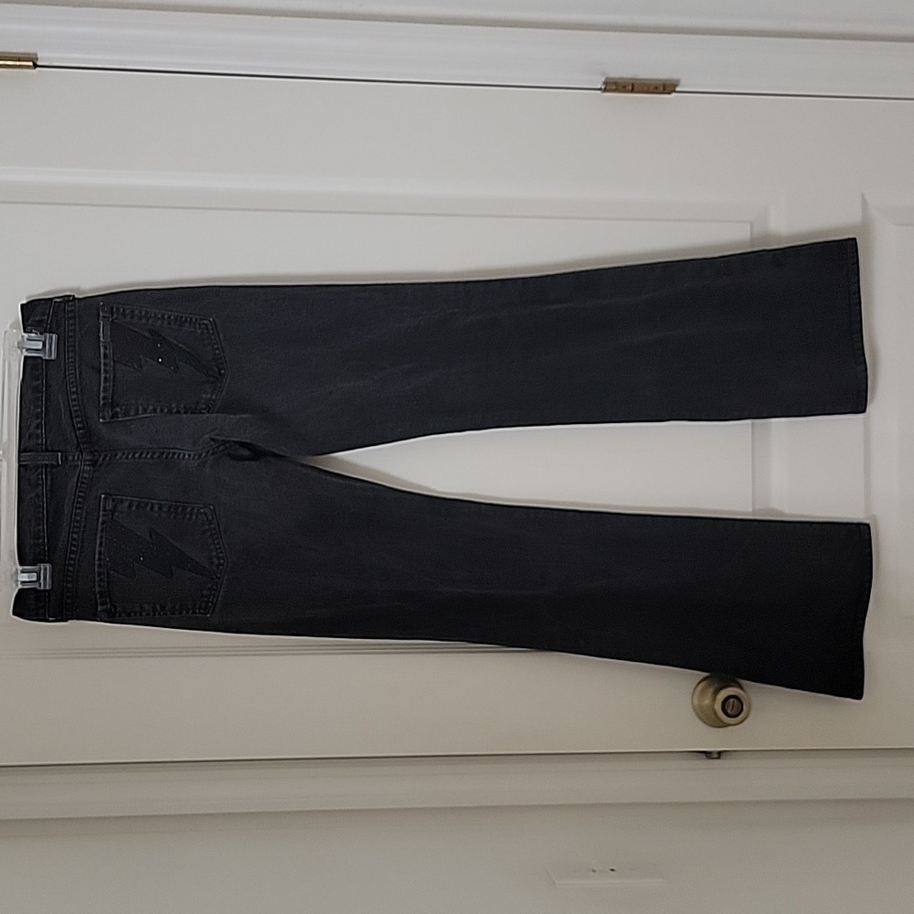 7 For All Mankind, Size 27 Washed Black Flared Jeans w/Sparkle Lightning Bolts - Picture 14 of 15
